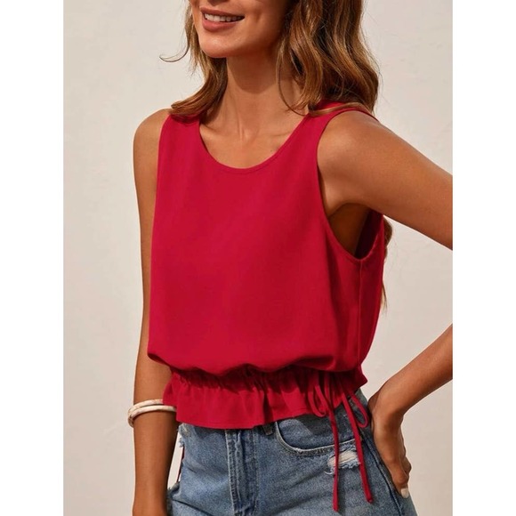 Red Drawstring Waist Ruffle Hem Top - Picture 3 of 6
